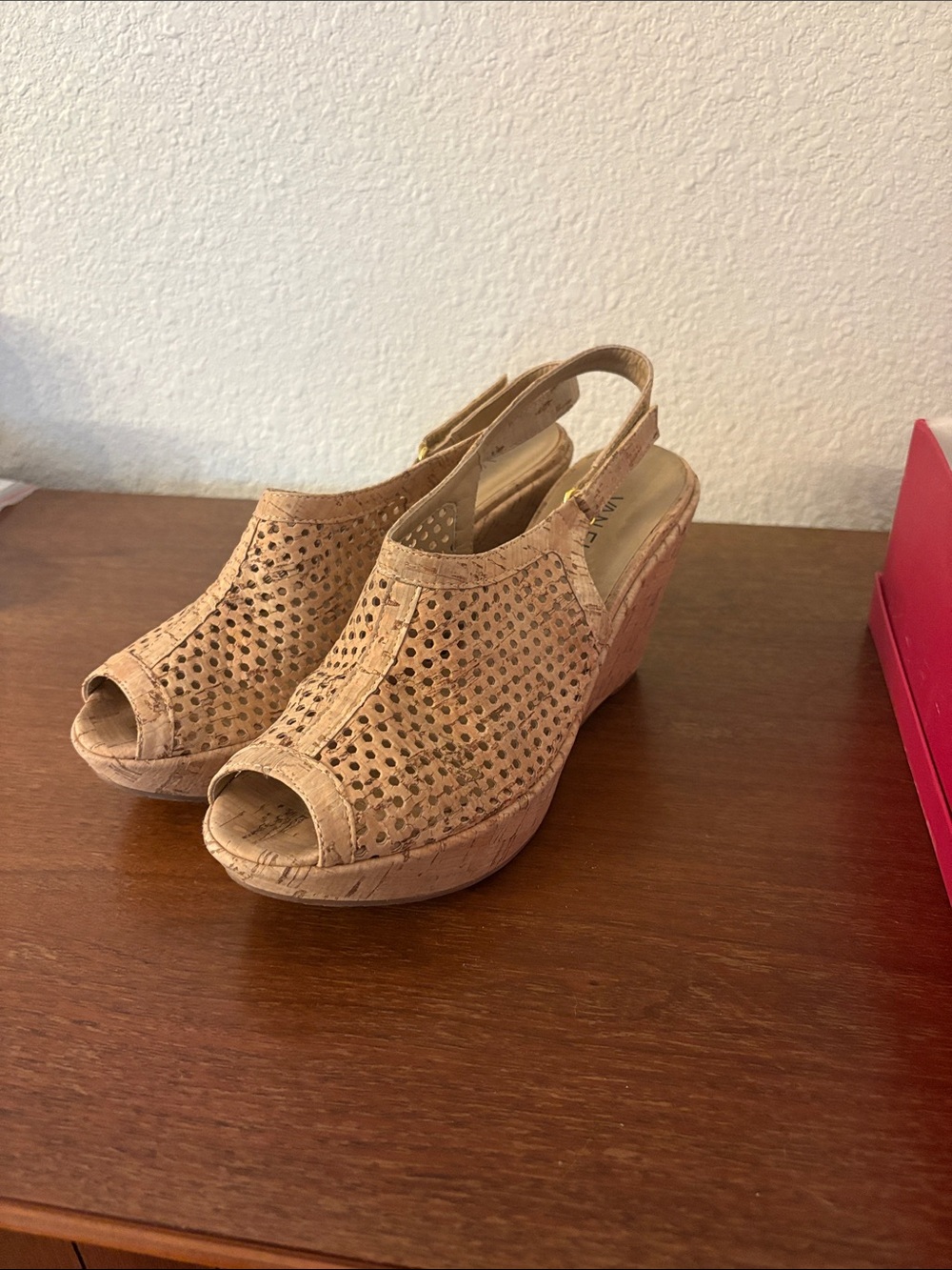 Vaneli Tan Perforated Peep-Toe Cork Wedge Sandals